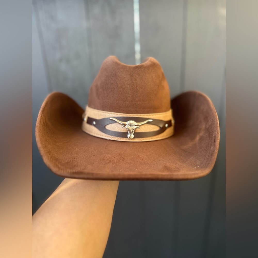 New! Brown Cowboy Hat with Bull Emblem